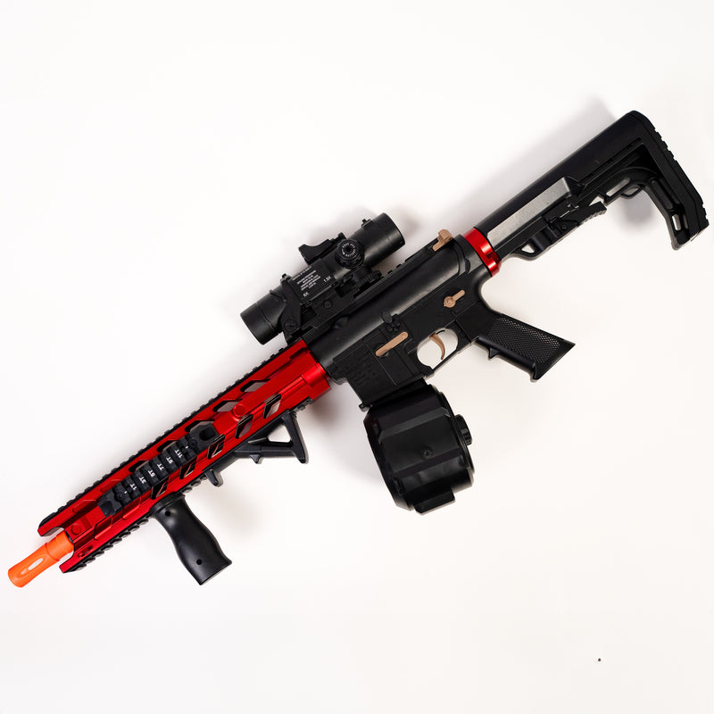 Gel blaster Raptor rosu replica/copie  dupa  m416 cu bile din hidrogel full  automat  pat si luneta reglabile incaarcator mare